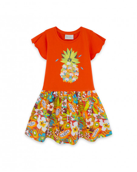 Vestido combinado manga corta naranja y falda estampada flores