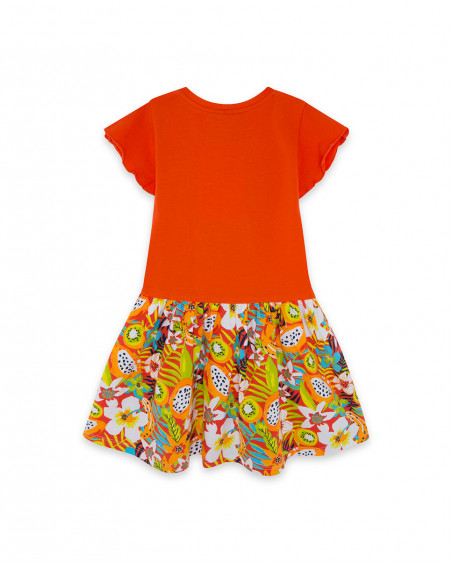 Vestido combinado manga corta naranja y falda estampada flores
