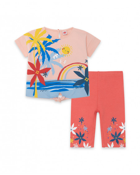 Camiseta manga corta rosa y legging pirata coral flores niña