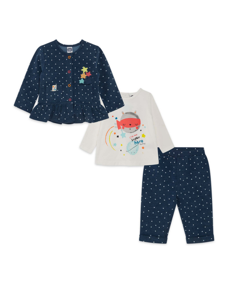 Set 3 Pièces Peluche Et Tricot Bleu Fille Etoiles Collectors