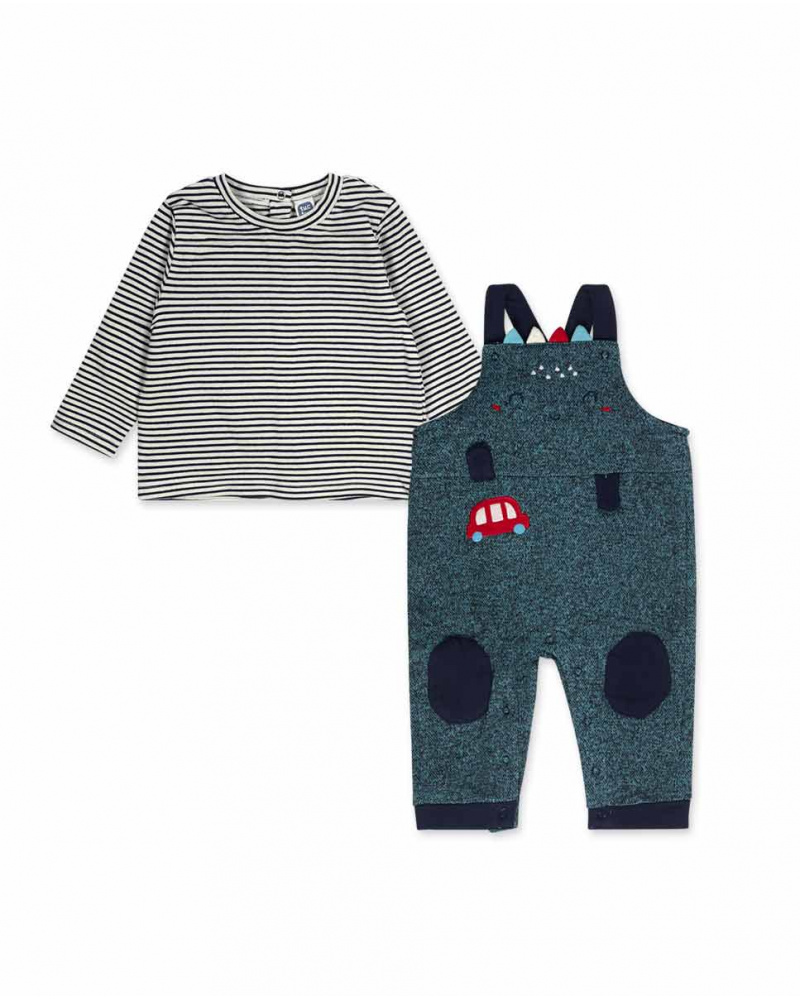 Salopette Plate Et T-shirt Tricoté Bleu Garçon Mini Traveller