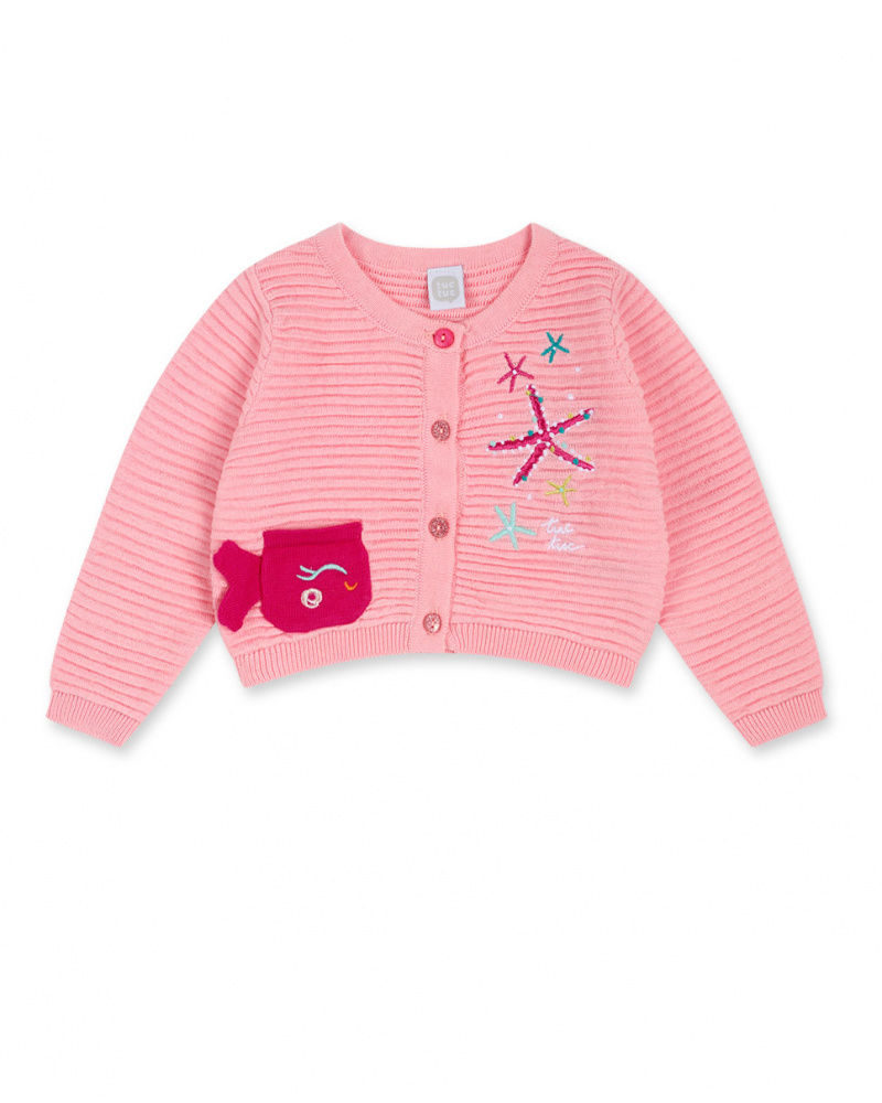 Veste en maille coquillage fille rose