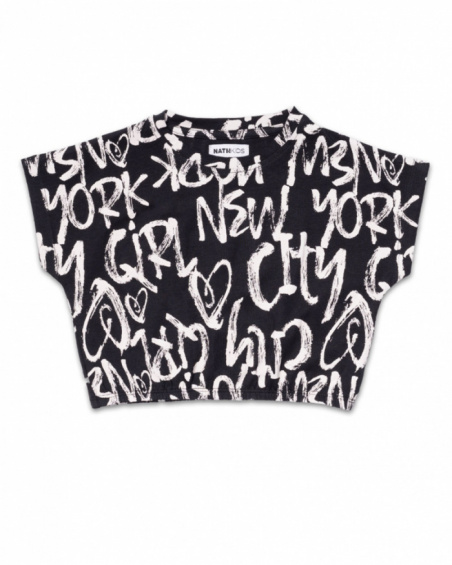 T-shirt imprimé en maille noir pour fille One day in NYC