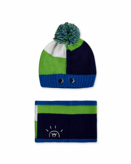 Bonnet et col en tricot bleu vert pour garçon Robot Maker