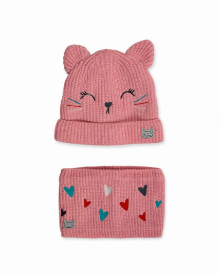 Bonnet et col en maille rose fille Cattitude