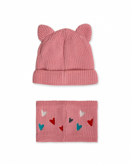 Bonnet et col en maille rose fille Cattitude