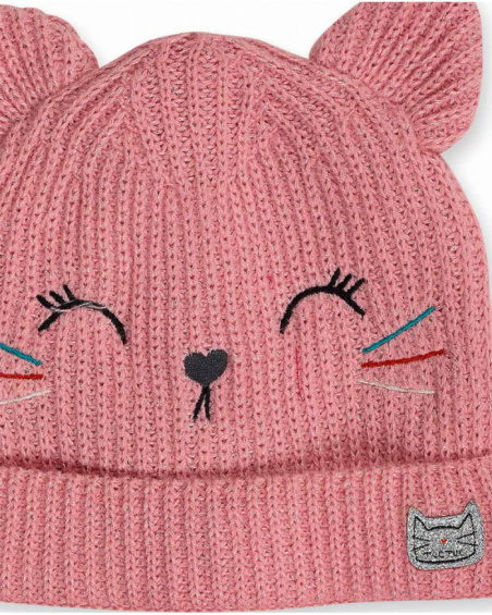 Bonnet et col en maille rose fille Cattitude