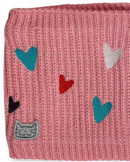 Bonnet et col en maille rose fille Cattitude