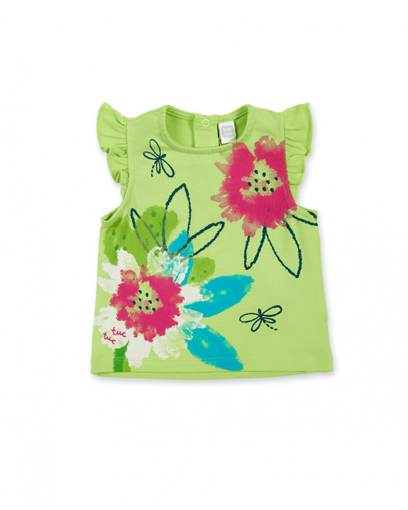 T-shirt fille vert en maille à volants collection Tropadelic