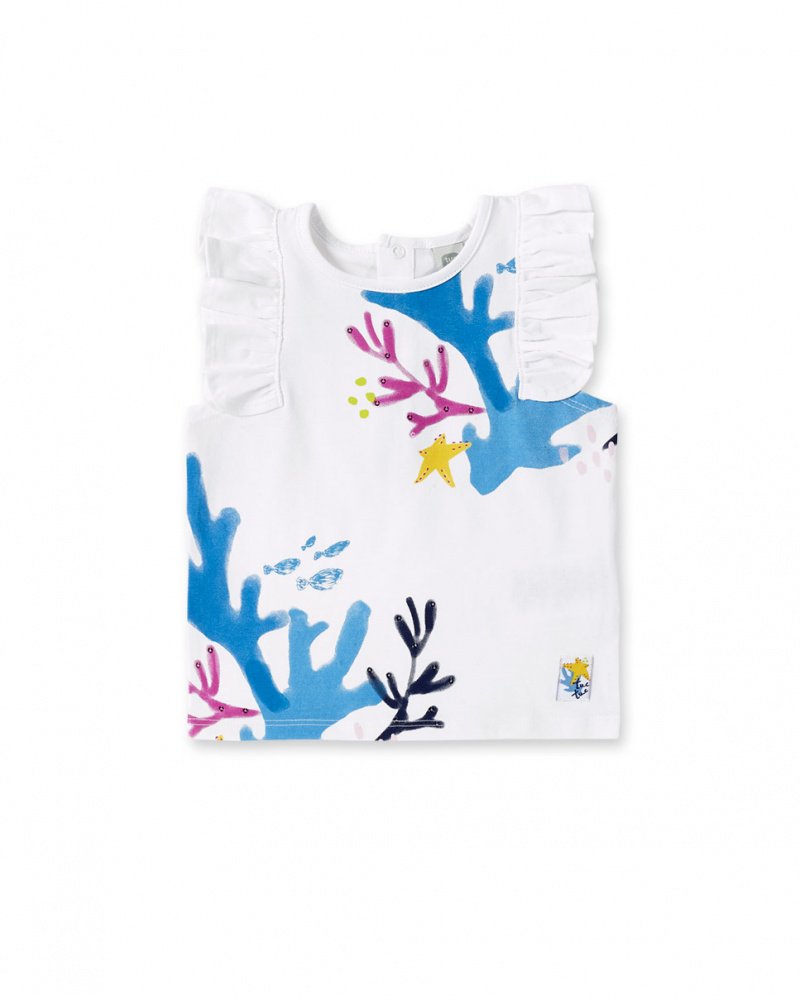 T-shirt fille blanc en maille à volants collection Ocean Wonders