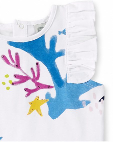 T-shirt fille blanc en maille à volants collection Ocean Wonders
