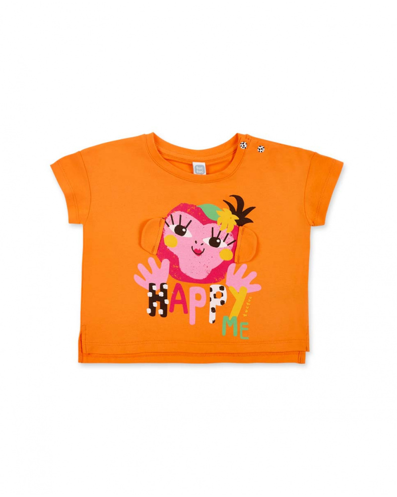 T-shirt fille orange en maille avec appliqués collection Banana