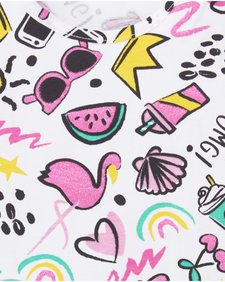 T-shirt fille en maille blanc Collection Flamingo Mood