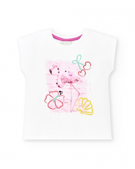 T-shirt fille blanc en maille à sequins Collection Flamingo Mood