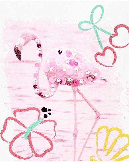 T-shirt fille blanc en maille à sequins Collection Flamingo Mood