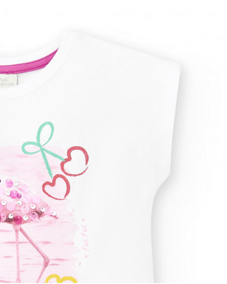 T-shirt fille blanc en maille à sequins Collection Flamingo Mood