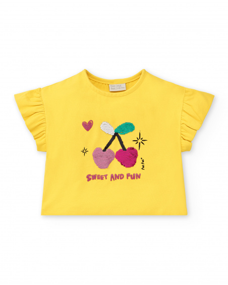 T-shirt fille jaune en maille à sequins Collection Flamingo Mood