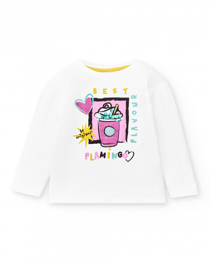 T-shirt long en maille blanc fille Collection Flamingo Mood
