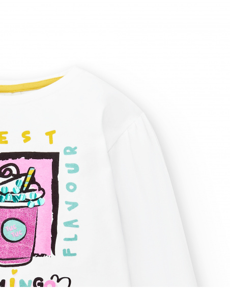 T-shirt long en maille blanc fille Collection Flamingo Mood