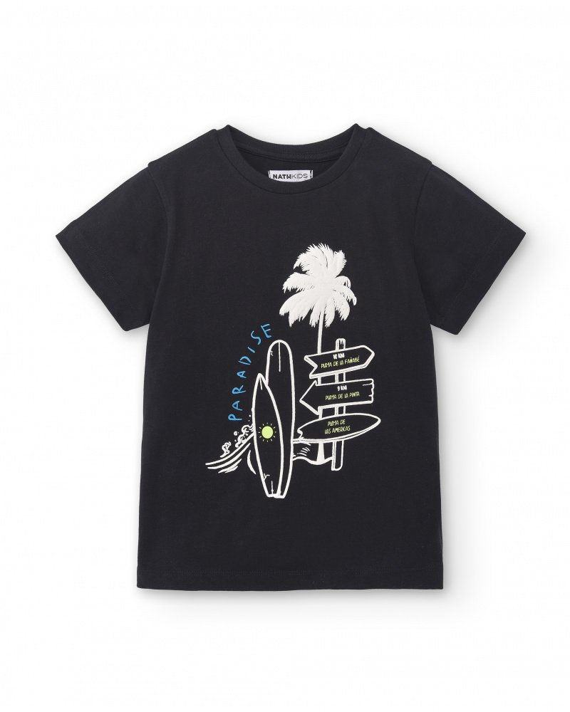 T-shirt garçon en maille noir Collection Tenerife Surf