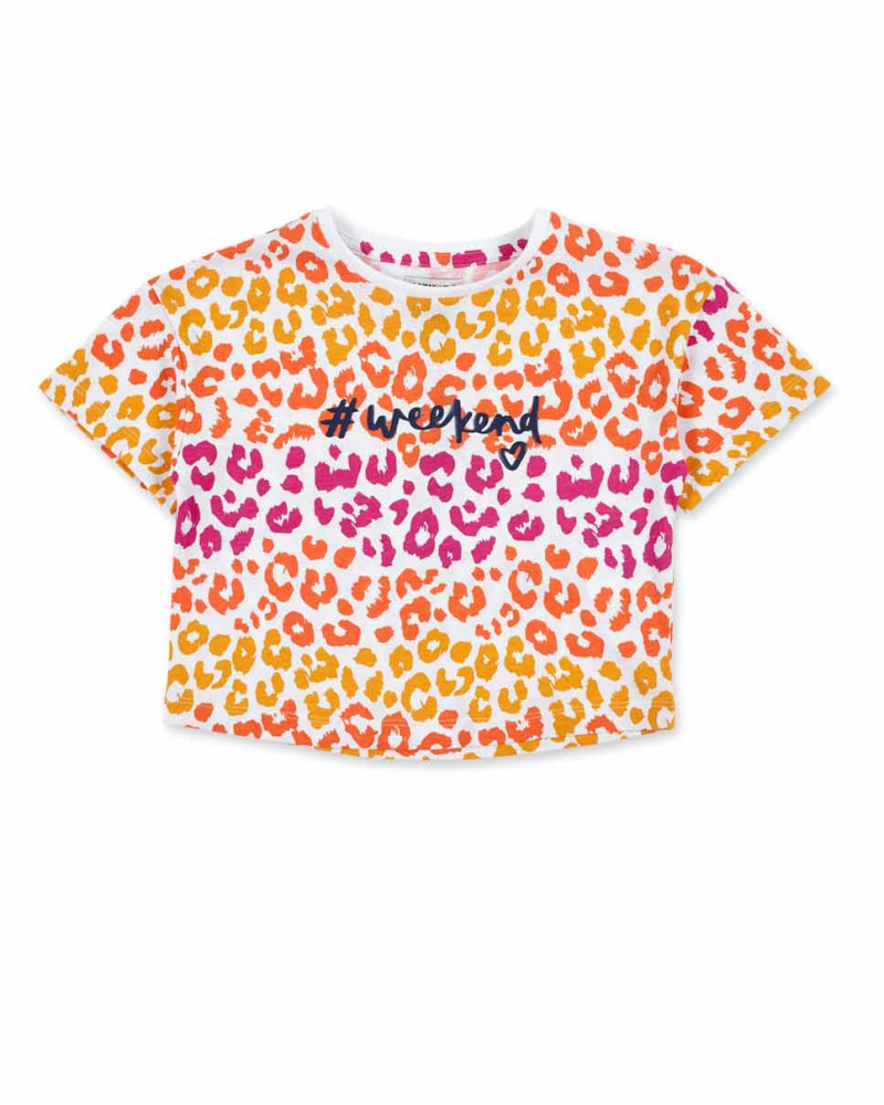 T-shirt fille blanc en maille imprimé animalier Collection