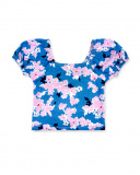 T-shirt fille bleu en maille fleurie Collection Carnet De Voyage