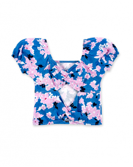 T-shirt fille bleu en maille fleurie Collection Carnet De Voyage