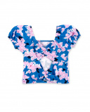 T-shirt fille bleu en maille fleurie Collection Carnet De Voyage