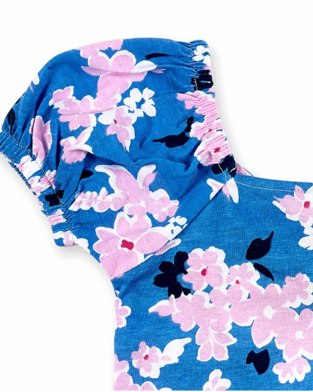 T-shirt fille bleu en maille fleurie Collection Carnet De Voyage