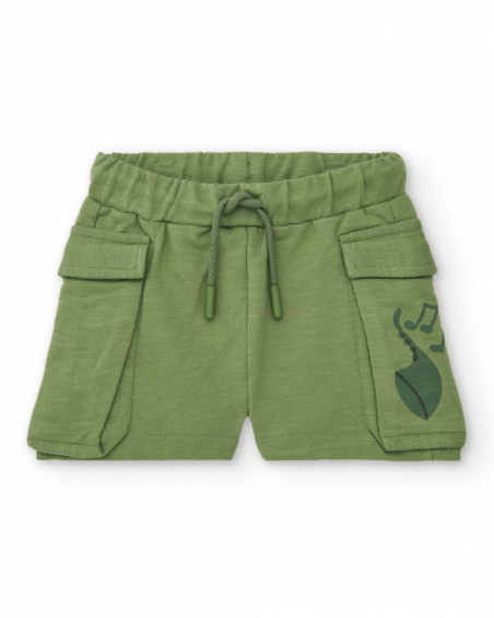 Shorts de niño en color verde con bolsillos y estampado musical