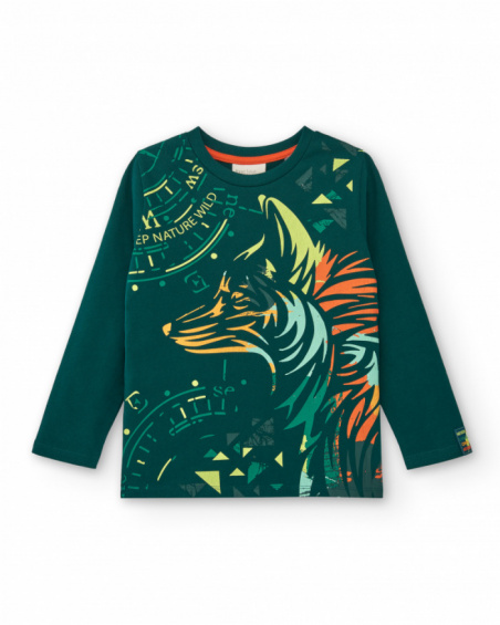 T-shirt à manches longues pour garçon vert avec imprimé loup