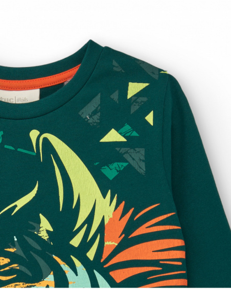 T-shirt à manches longues pour garçon vert avec imprimé loup