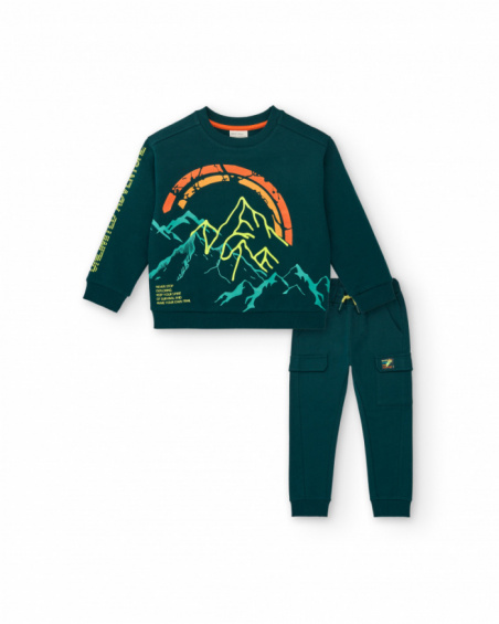 Ensemble sweat et pantalon long garçon vert imprimé montagne