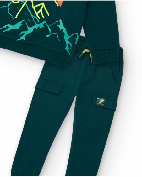 Ensemble sweat et pantalon long garçon vert imprimé montagne