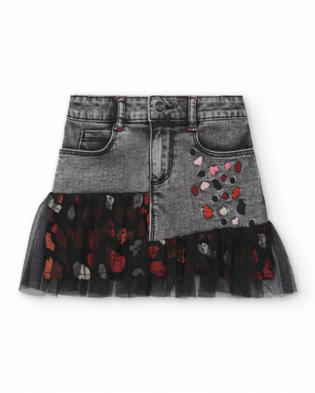 Jupe en jean gris avec broderies florales et détails en tulle
