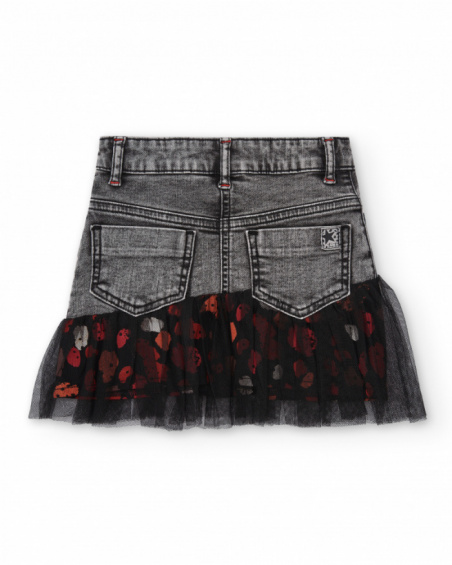 Jupe en jean gris avec broderies florales et détails en tulle