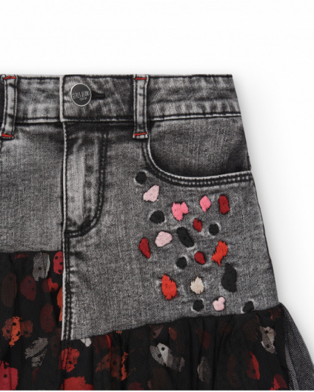 Jupe en jean gris avec broderies florales et détails en tulle