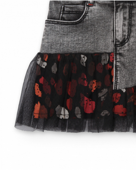 Jupe en jean gris avec broderies florales et détails en tulle
