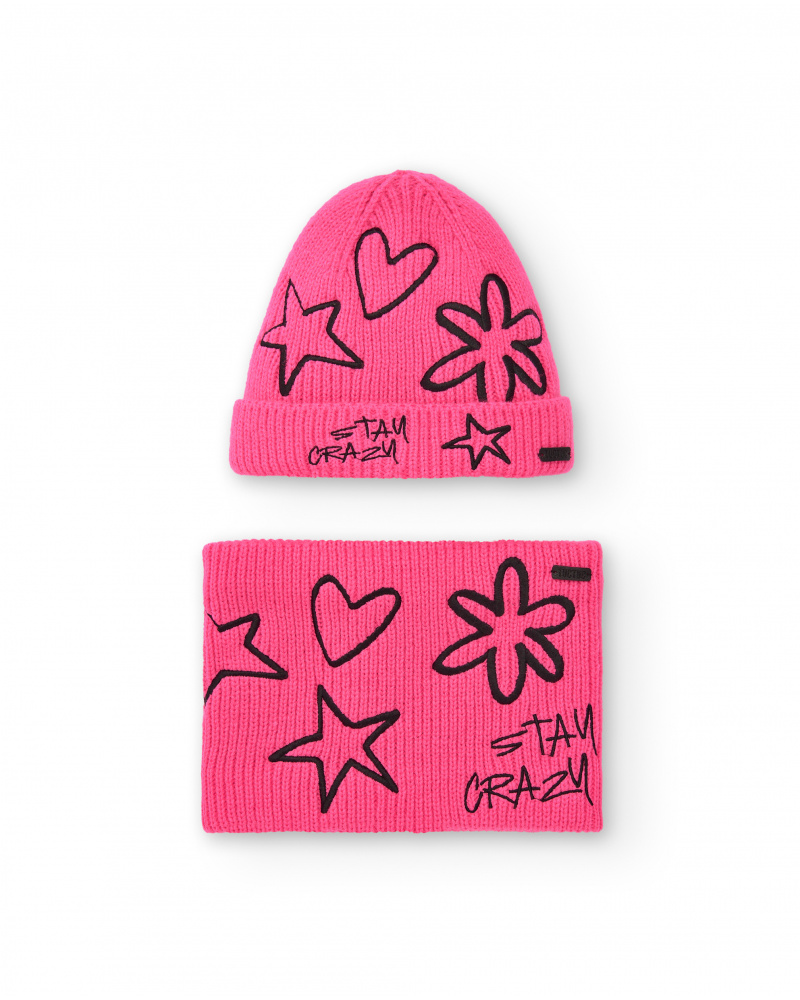Ensemble bonnet et écharpe fuchsia imprimé étoiles et coeurs