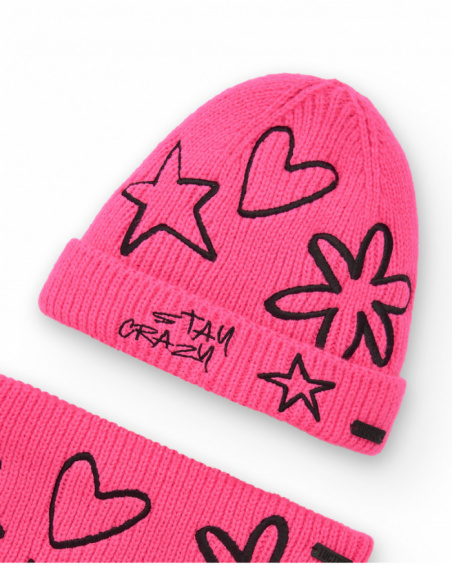 Ensemble bonnet et écharpe fuchsia imprimé étoiles et coeurs