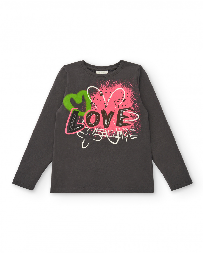 T-shirt gris foncé avec imprimé "Love Feelings" pour fille