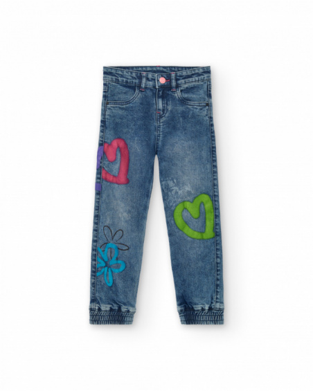 Jean bleu imprimé coeurs et fleurs fille collection Crazy