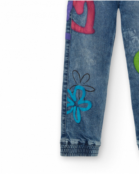 Jean bleu imprimé coeurs et fleurs fille collection Crazy