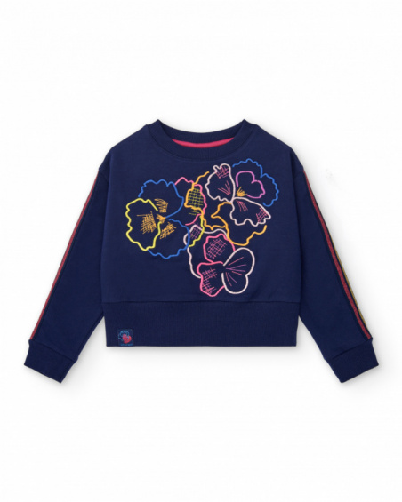 Sweat bleu marine à fleurs brodées fille collection Cold Days