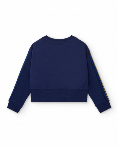 Sweat bleu marine à fleurs brodées fille collection Cold Days