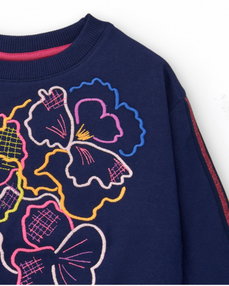 Sweat bleu marine à fleurs brodées fille collection Cold Days