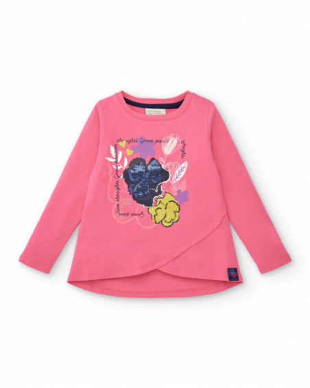 T-shirt rose à imprimé fleuri et paillettes pour fille de la
