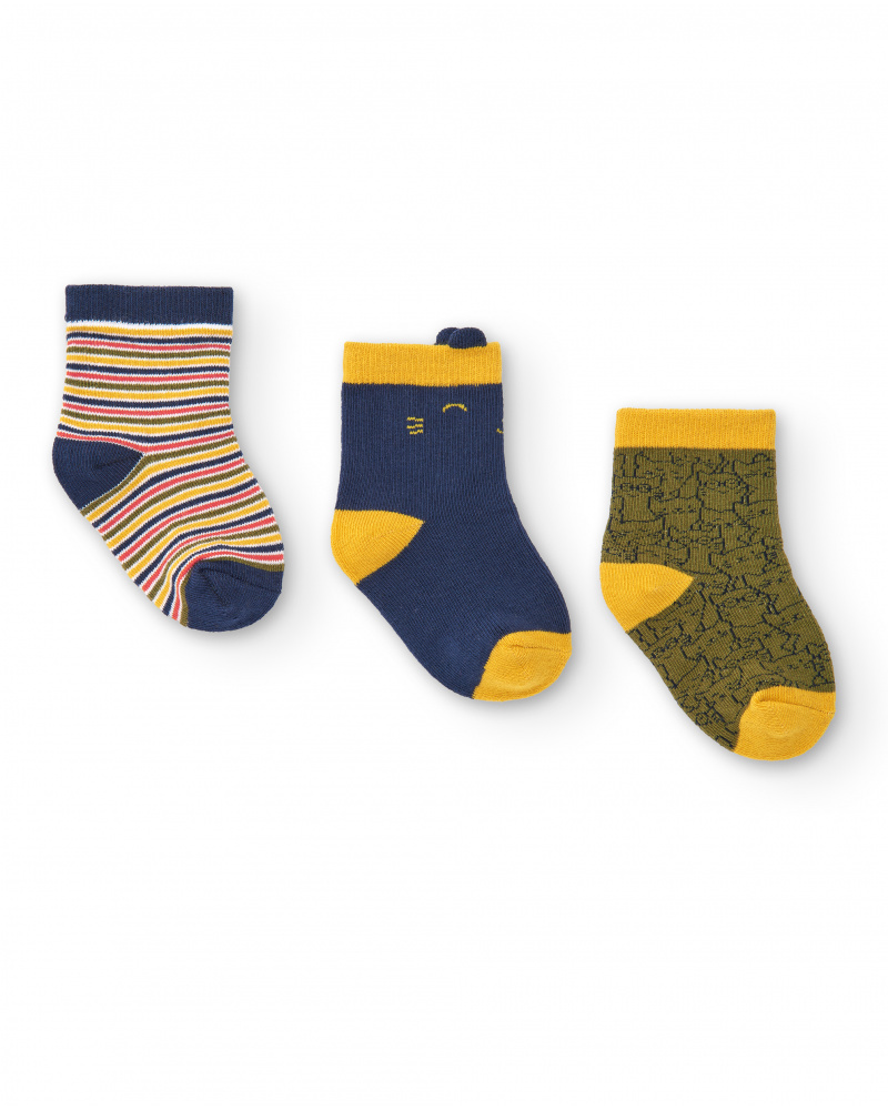 Lot de 3 chaussettes fille bleues et jaunes aux imprimés