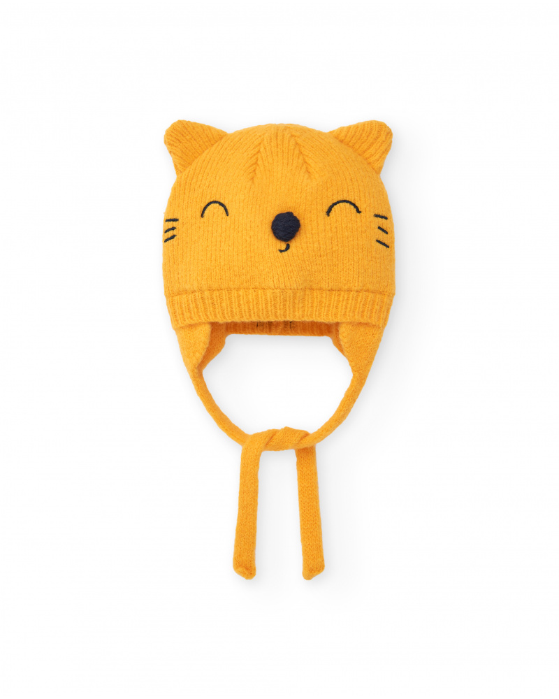 Bonnet avec oreilles pour fille en jaune avec motif chaton