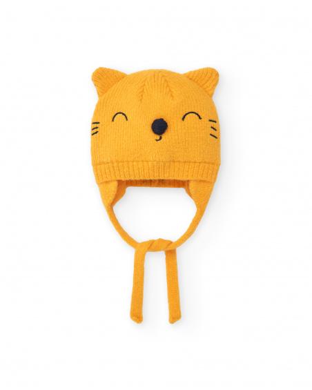 Bonnet avec oreilles pour fille en jaune avec motif chaton